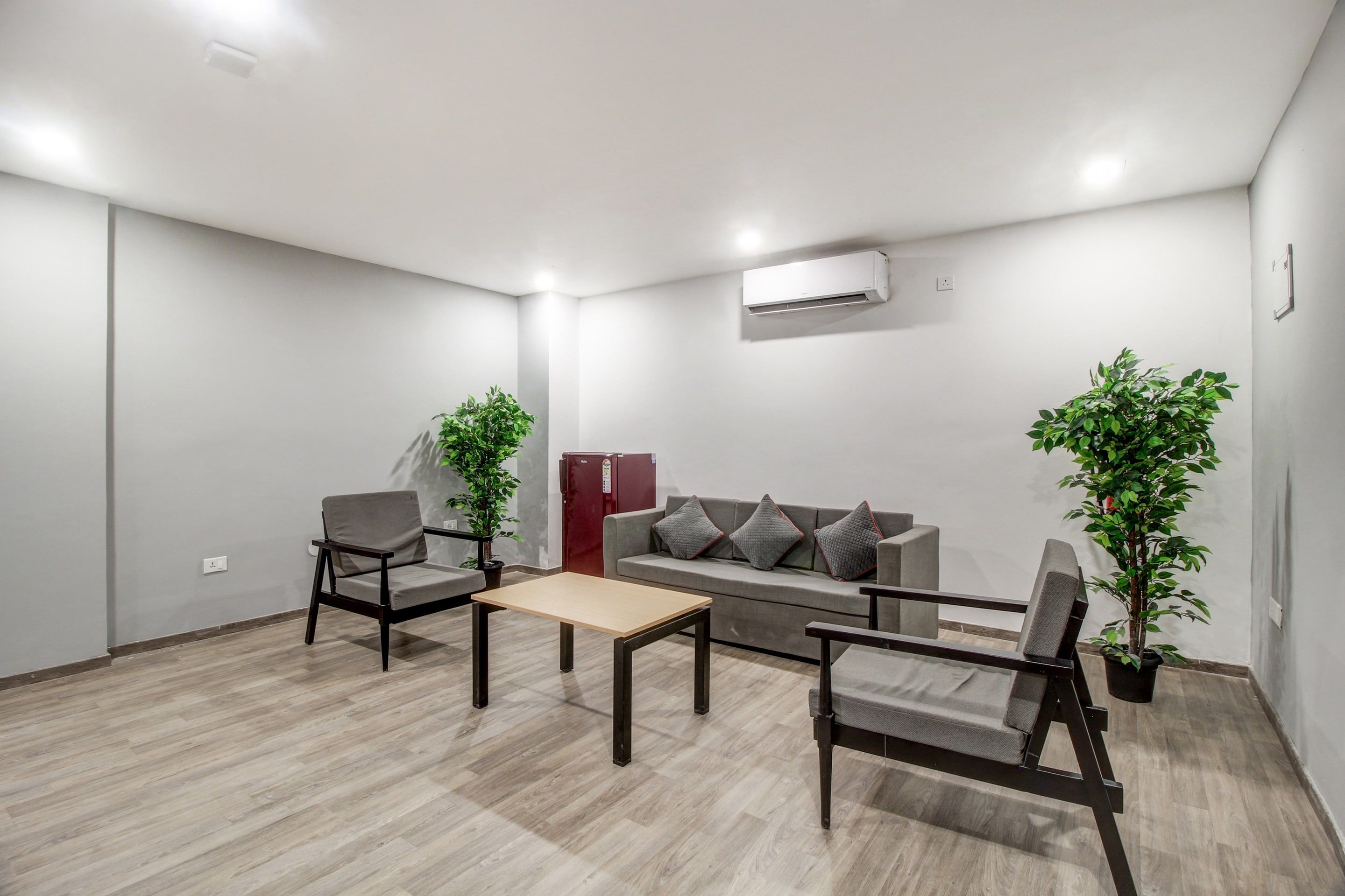 Una sala de estar moderna con un sofá, dos sillones, una mesa de centro y dos plantas en macetas.