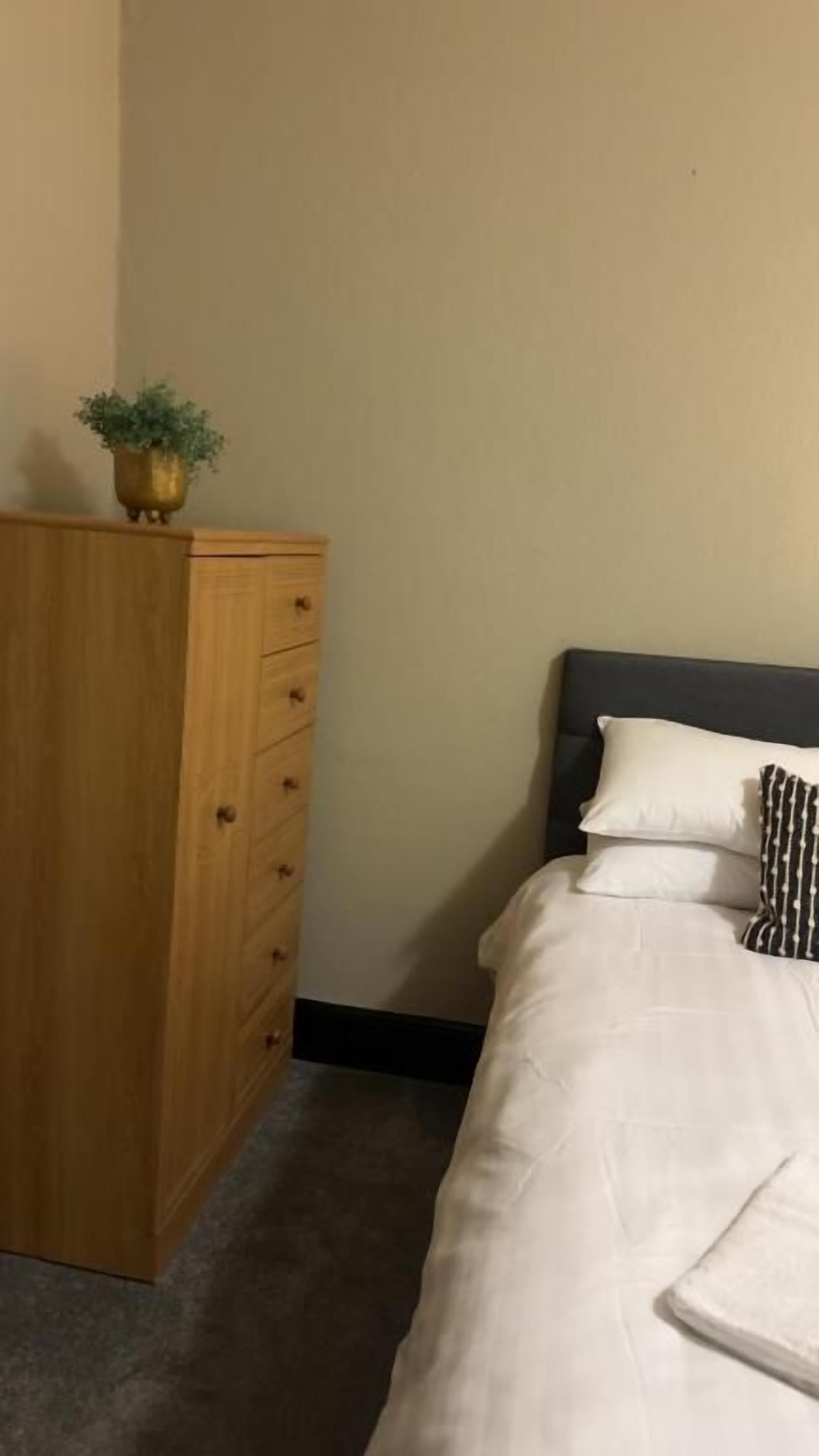 Un dormitorio con una cama, un aparador de madera y una pequeña planta en maceta.