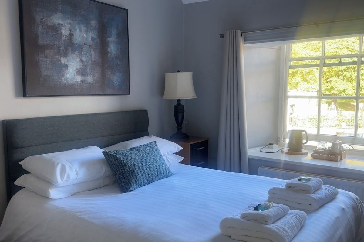 A hotel room with a bed, a nightstand with a lamp, a window with curtains, and a view of greenery outside.