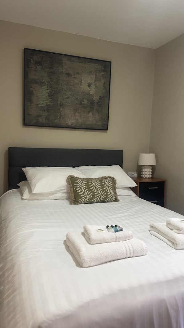 A neatly made bed with white linens and a green patterned pillow, a bedside lamp, and a painting on the wall.