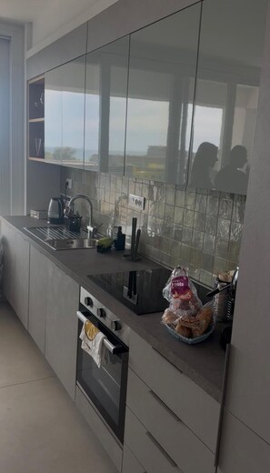 Eine moderne Küche mit Spüle aus Edelstahl, Backofen und Fenster mit Blick auf eine Wohngegend.