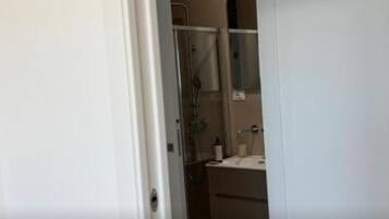A bathroom with a shower, sink, and mirror.
