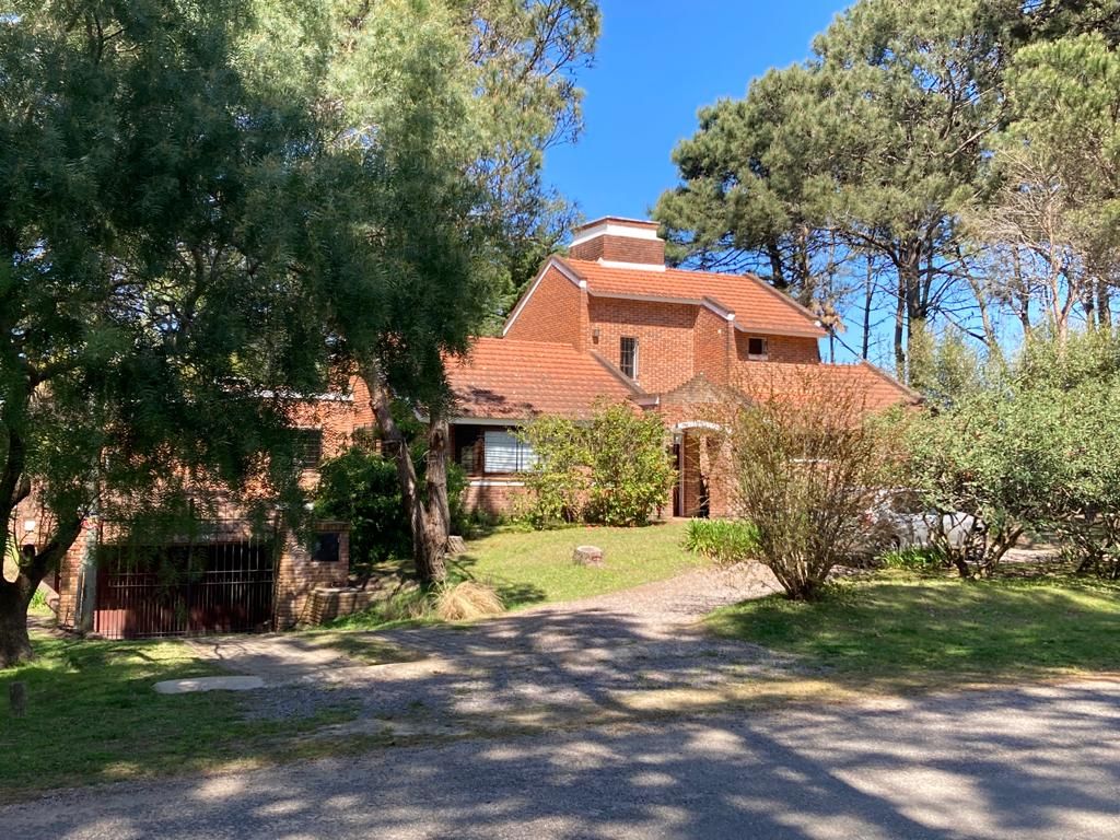 A brick house with a sloped roof, surrounded by trees and a gravel driveway.