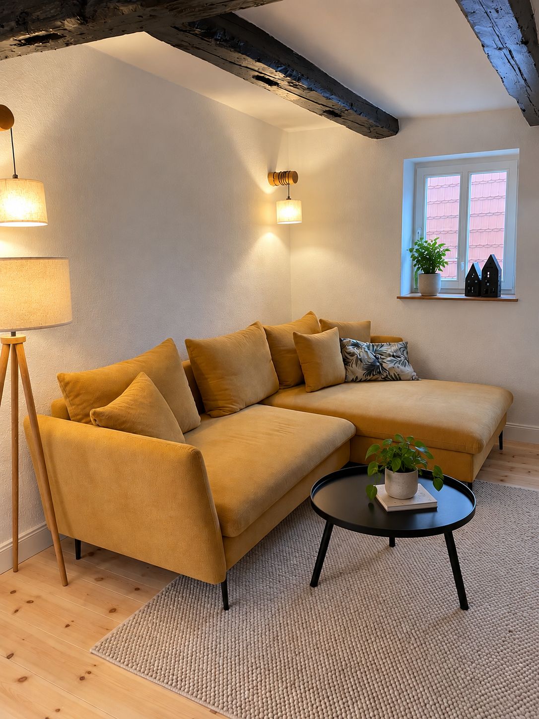Ein gemütliches Wohnzimmer mit einer Couch, einem Couchtisch und einer Lampe.