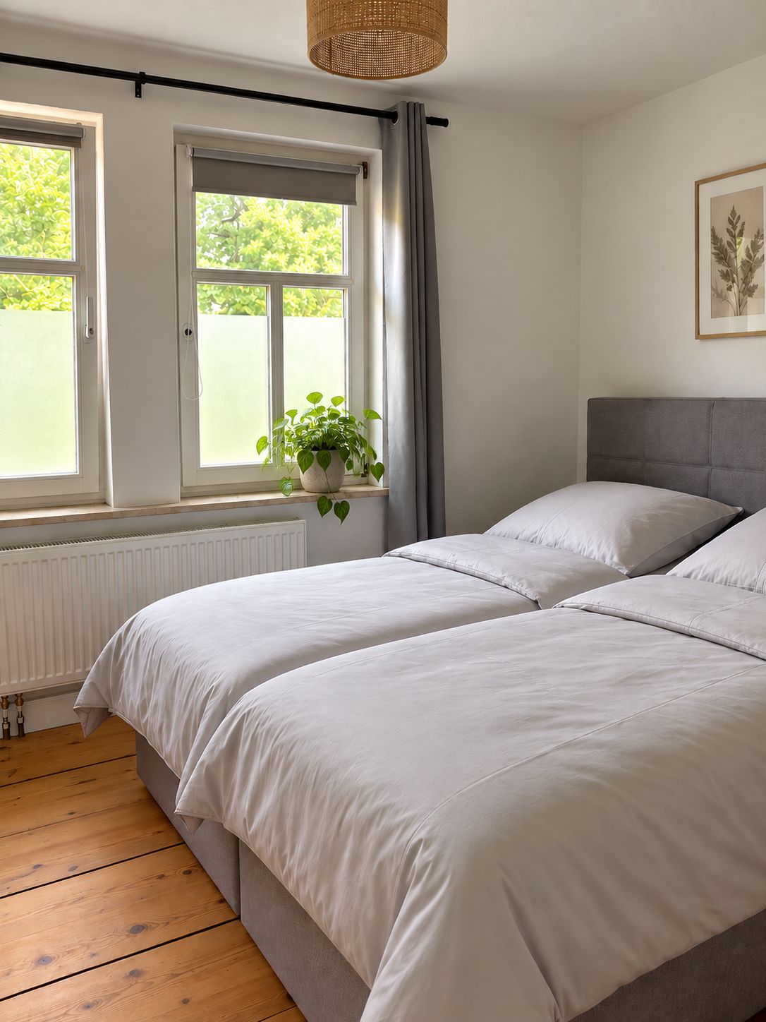 Ein Schlafzimmer mit zwei Betten, einem Fenster mit Blick auf Grünflächen, einer hängenden Pflanze und einer Heizung.