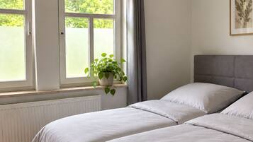 Ein Schlafzimmer mit zwei Betten, einem Fenster mit Blick auf Grünflächen, einer hängenden Pflanze und einer Heizung.