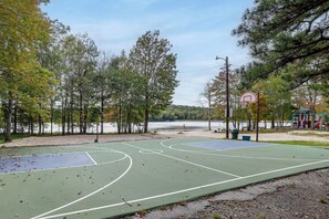 Ein Basketballplatz im Freien mit Korb, umgeben von Bäumen und Blick auf einen See.