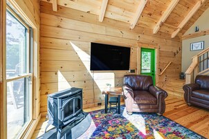 A cozy cabin interior with a fireplace, leather sofas, and a colorful rug.