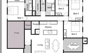 A floor plan with four bedrooms, a private area, a kitchen, a living room, and a dining area. - Culburra Cove - Pet Friendly - 5 Mins Walk to the Beach (Culburra Beach)