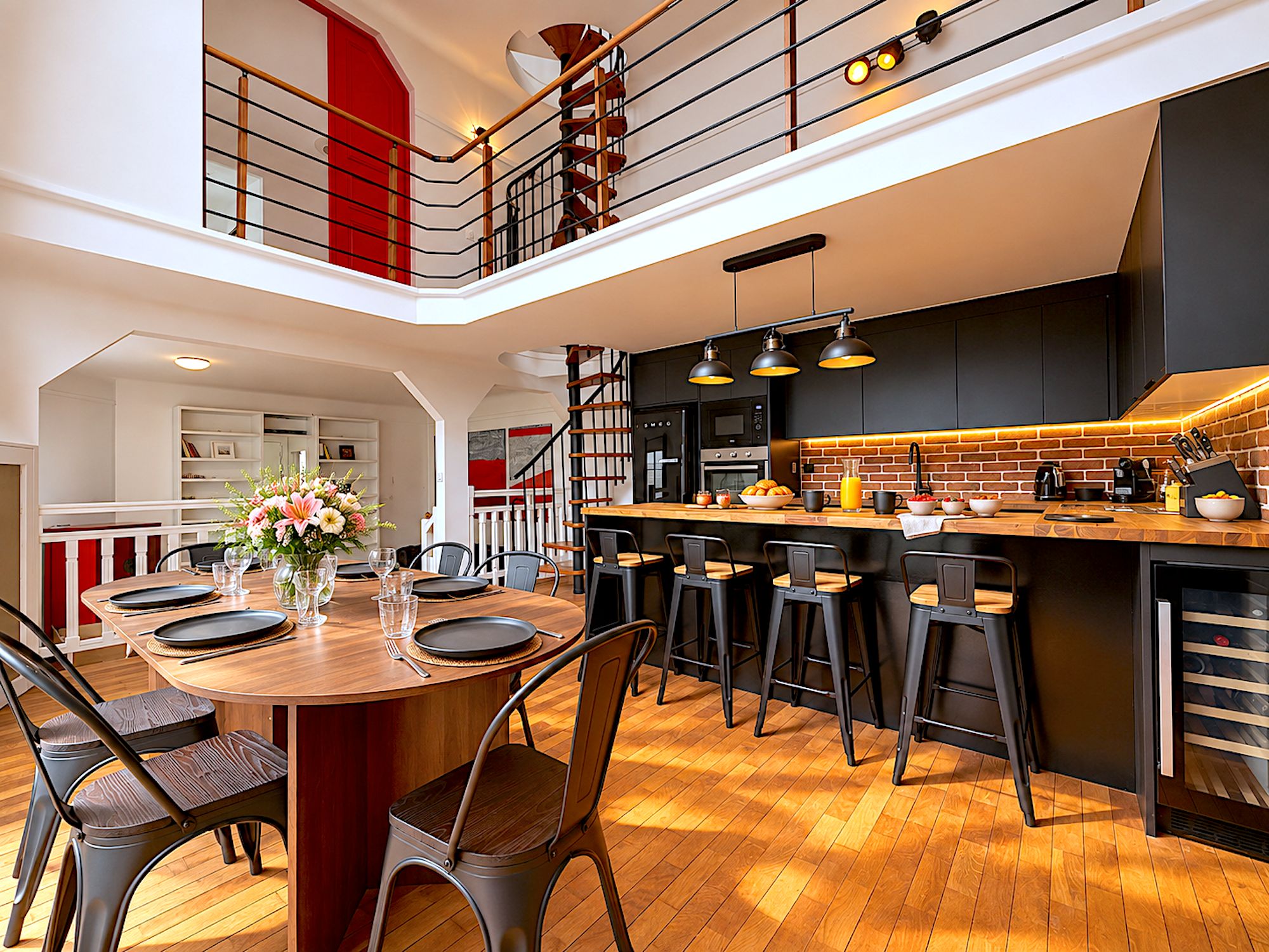 A modern kitchen with a central island, bar stools, and a dining area with a round table and chairs.