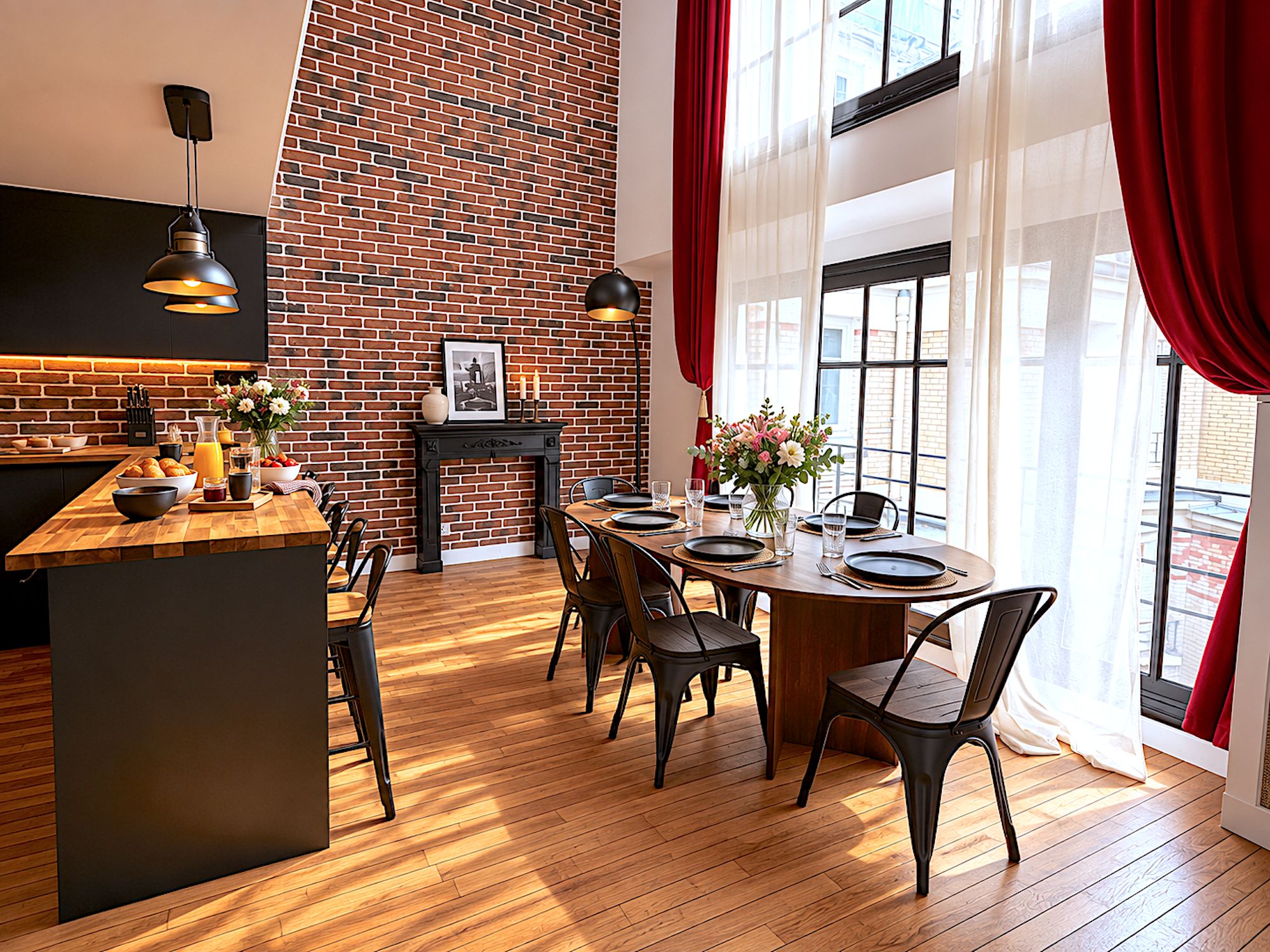 A modern kitchen with a brick wall, wooden flooring, and a dining area with a table set for four.