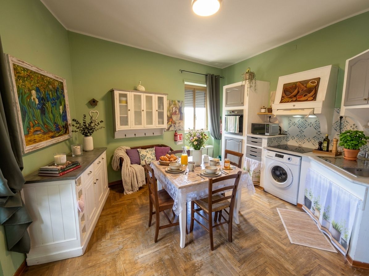A compact kitchen with a dining table, chairs, a washing machine, and cabinets.