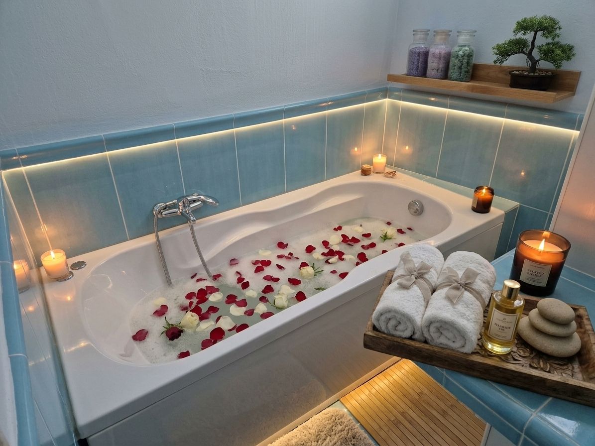 Ein Badezimmer mit einer Badewanne, gefüllt mit Rosenblättern, Kerzen und einem Tablett mit Handtüchern und einer Flasche.