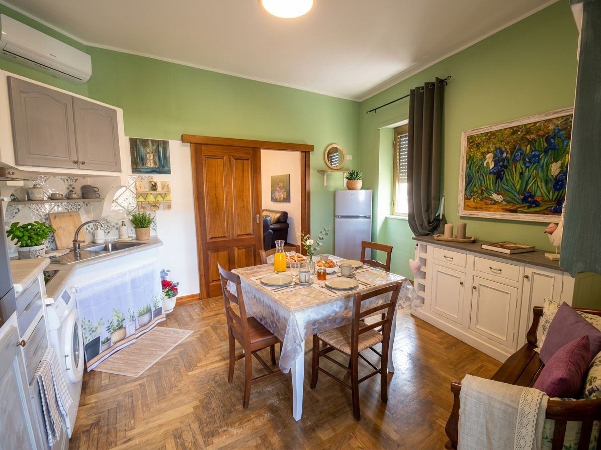 Une cuisine équipée d’une table à manger, de chaises et d’un réfrigérateur.