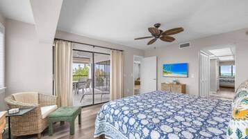 A bedroom with a large bed, a ceiling fan, a television, and a view of the outdoors.