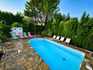 Ein Schwimmbecken mit Steinboden, umgeben von Liegestühlen und Grünpflanzen.
