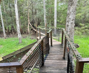 Un pont en bois, doté de garde-corps, situé dans une zone boisée.