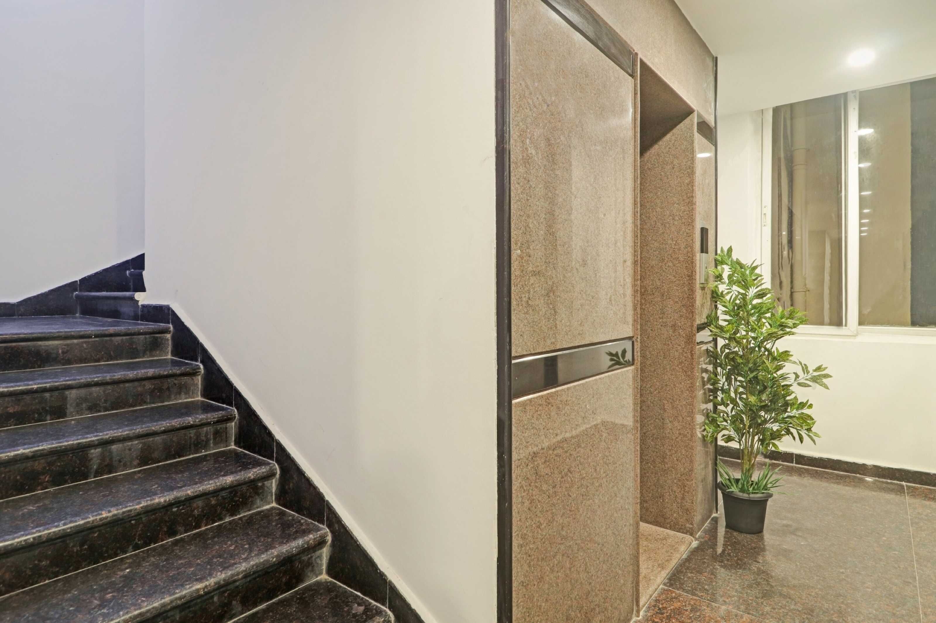 A staircase with a handrail, a potted plant, and a wall with a door.