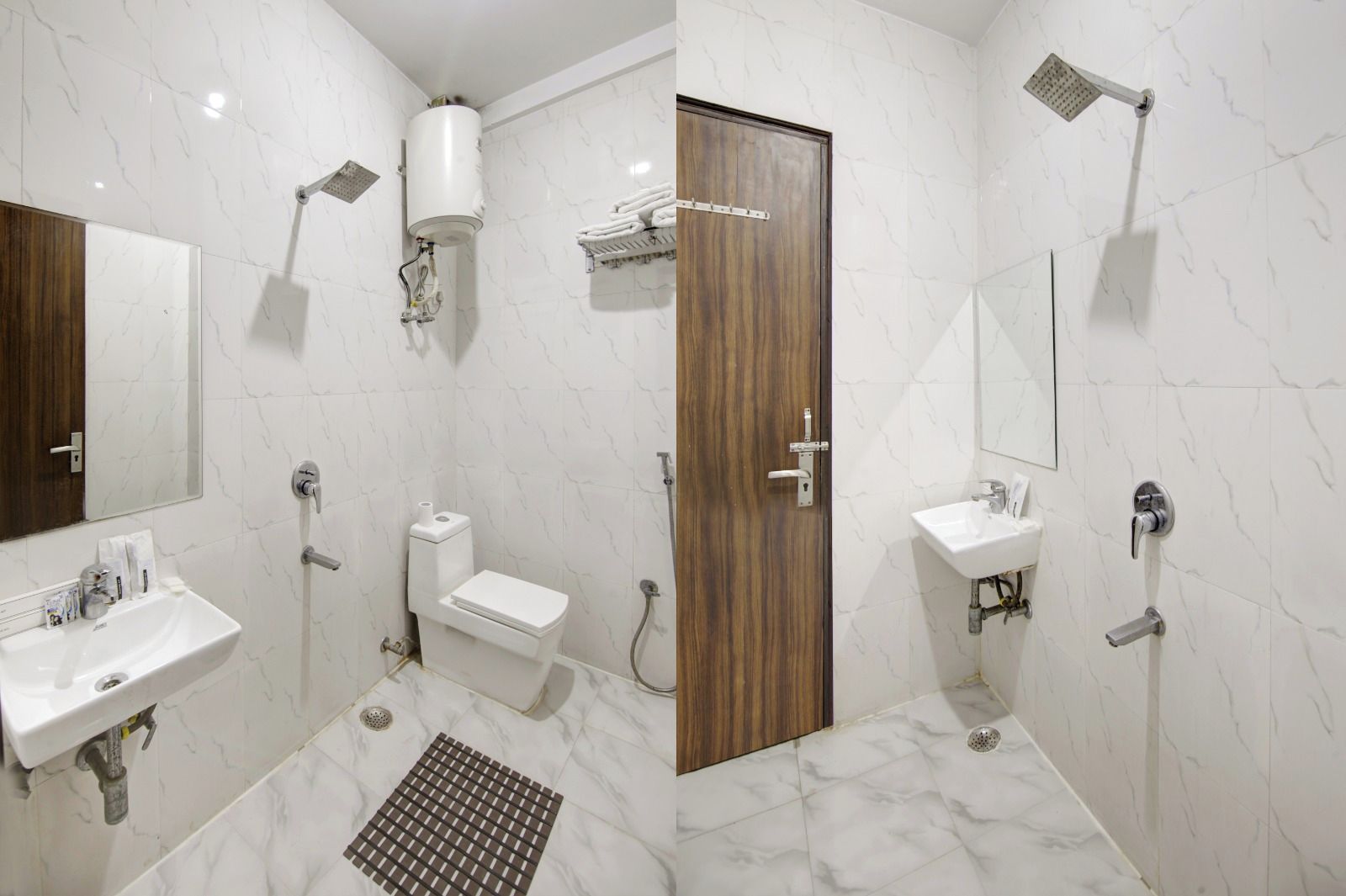 A modern bathroom with a toilet, sink, shower, and a wooden door.