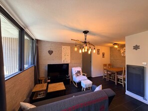 A living room with a fireplace, a television, a dining area with a table and chairs, and a cozy seating arrangement. - Apartment with nature view - 4 guests (Mont-Dore)