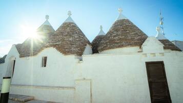 A building with multiple conical roofs and a single door.