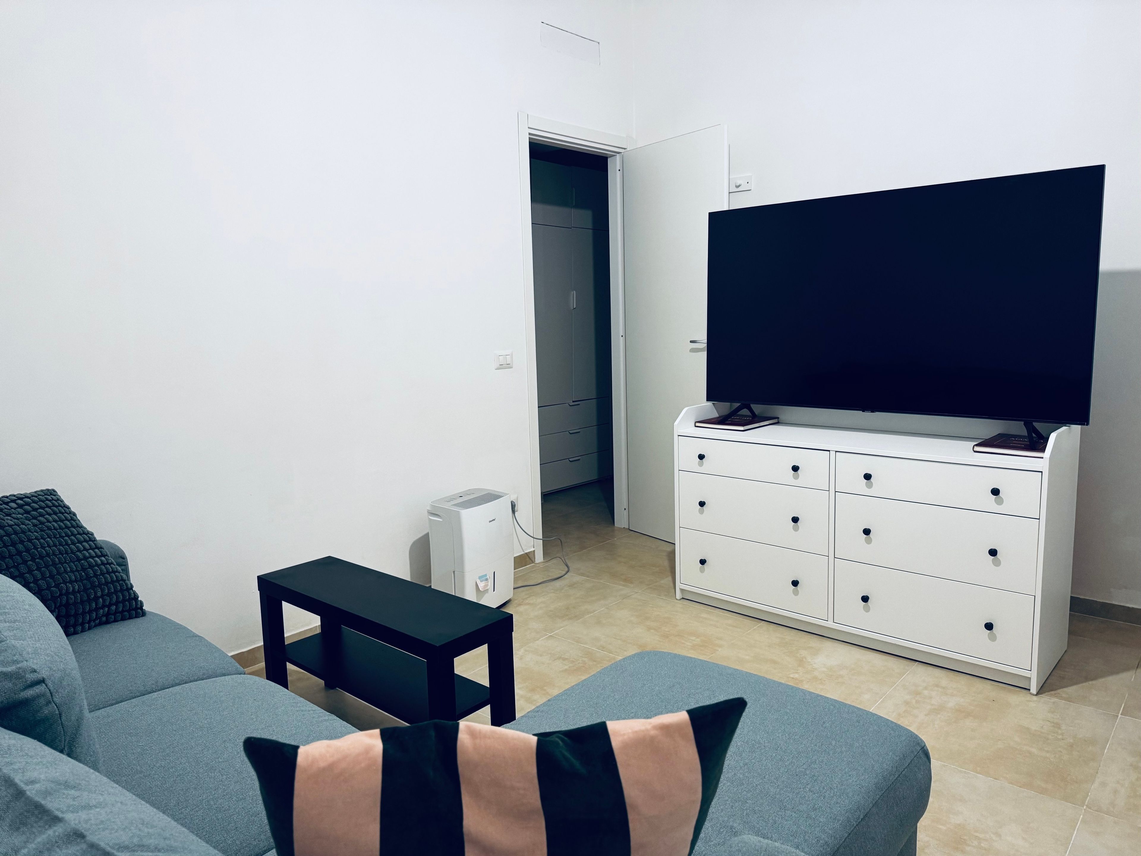 Un salon avec un canapé gris, une table basse noire, un meuble TV blanc avec un téléviseur à écran plat et une armoire blanche.
