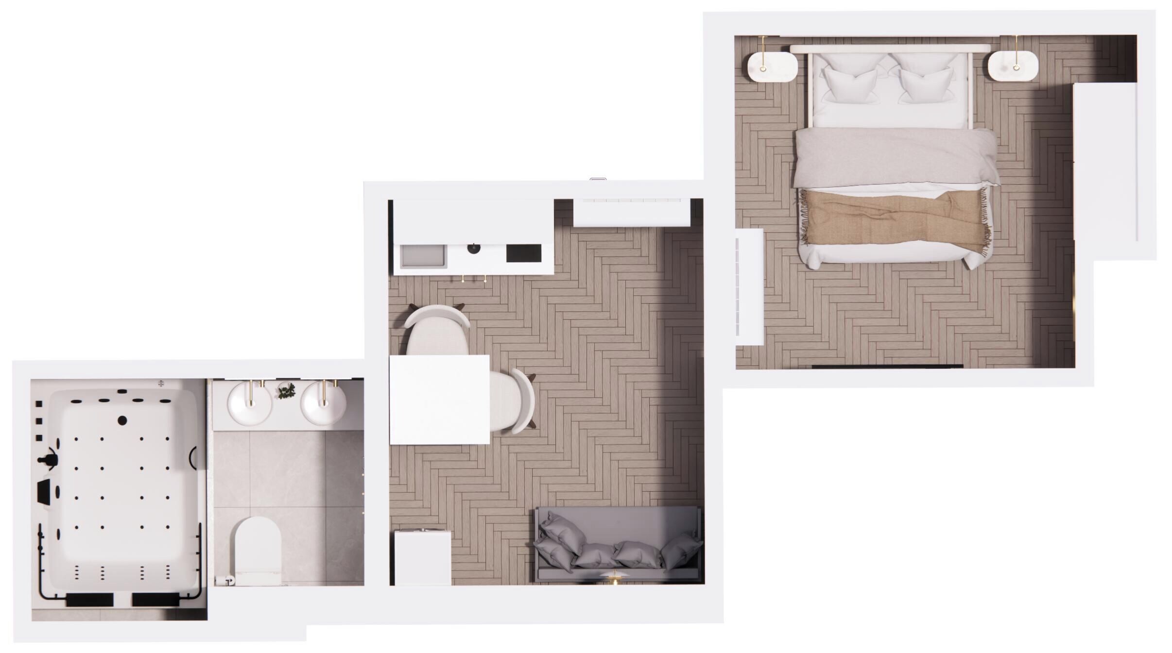 Una habitación de hotel con cama, baño y zona de estar.