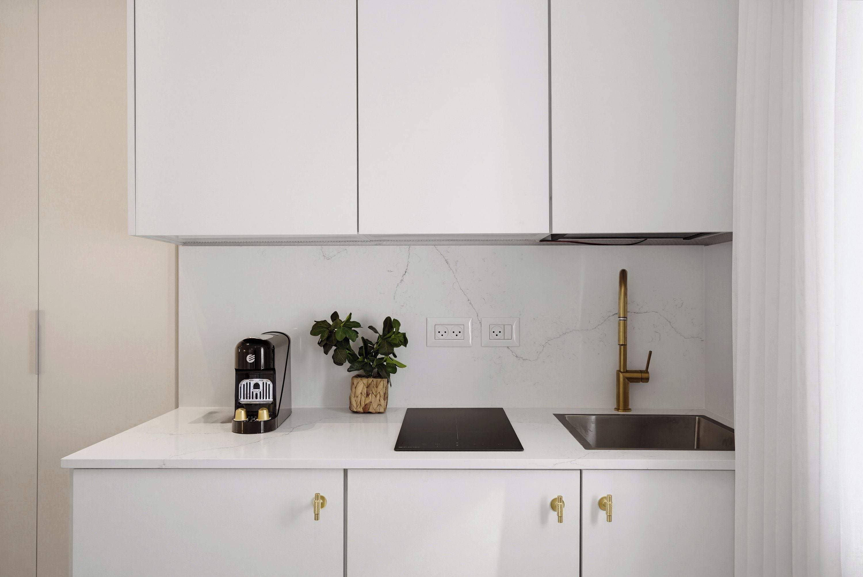 Une cuisine moderne avec des meubles blancs, une machine à café noire, une plante en pot, une plaque de cuisson à induction noire et un évier en acier inoxydable.