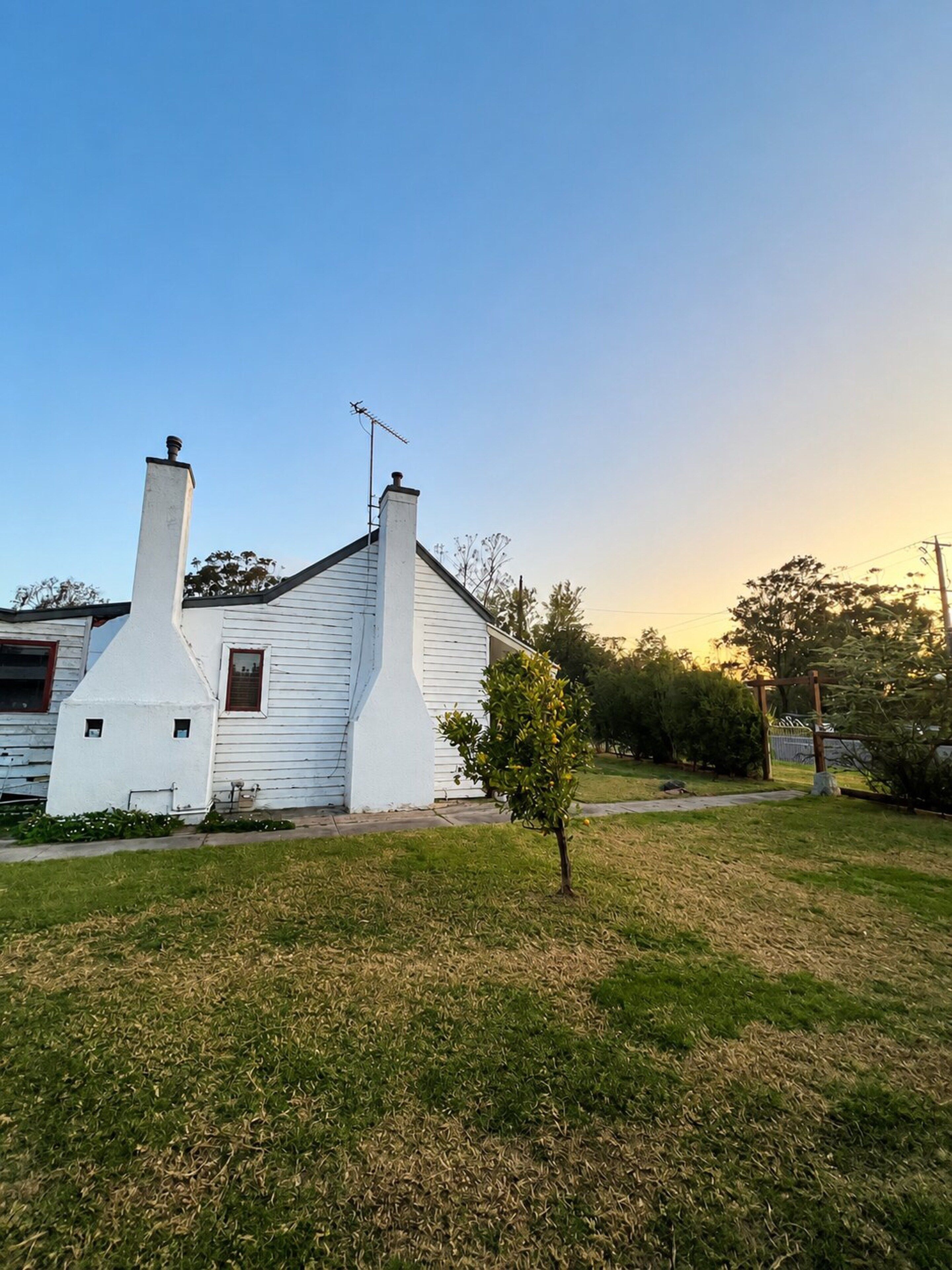 A white house with two chimneys and a small tree in the front yard.