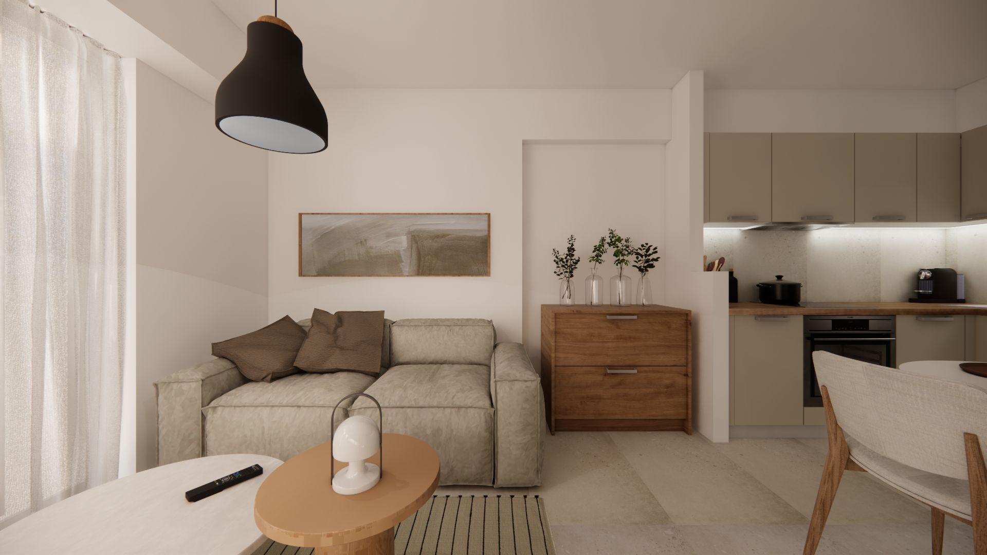 Un salon moderne avec un canapé, une table basse, une lampe et un tableau accroché au mur.