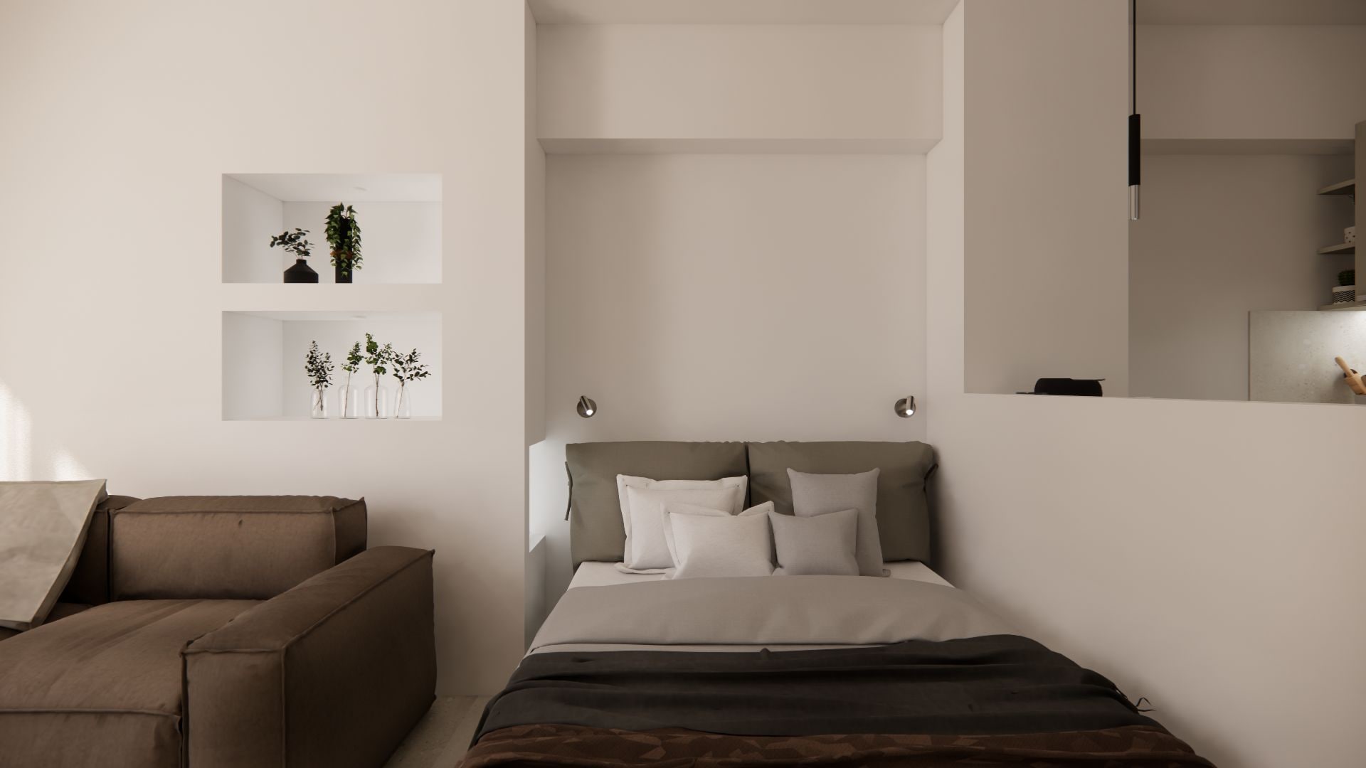 Una camera da letto con un letto, un divano e due mensole a parete con piante.