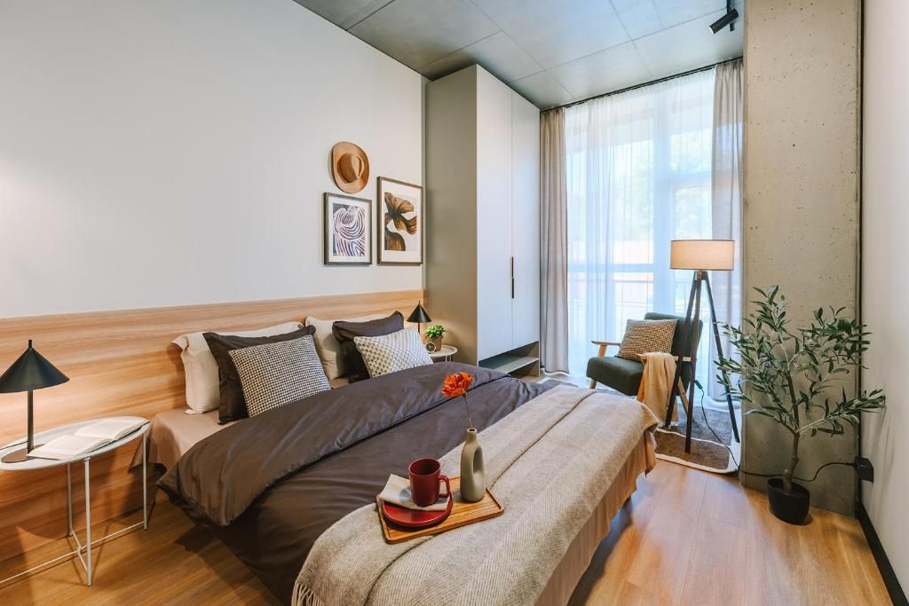 Ein Hotelzimmer mit einem großen Bett, Nachttisch, Lampe, Sessel und einer Topfpflanze.