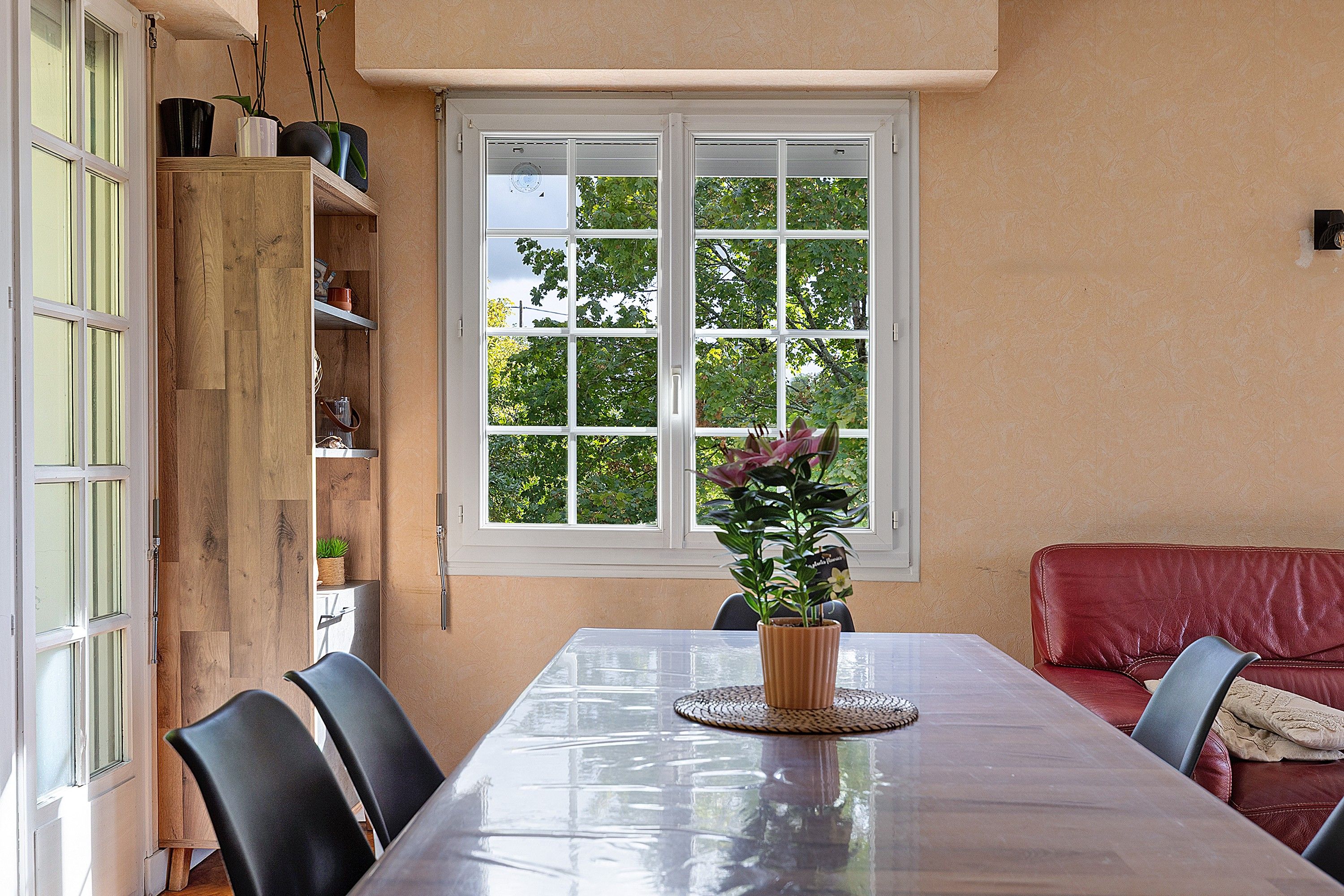 Un coin repas comprenant une table, des chaises, une plante en pot et une fenêtre donnant sur des arbres.