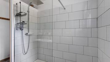 Un espace douche moderne doté d’une porte en verre, d’un pommeau de douche à main et d’un pommeau de douche à pluie fixé au mur.