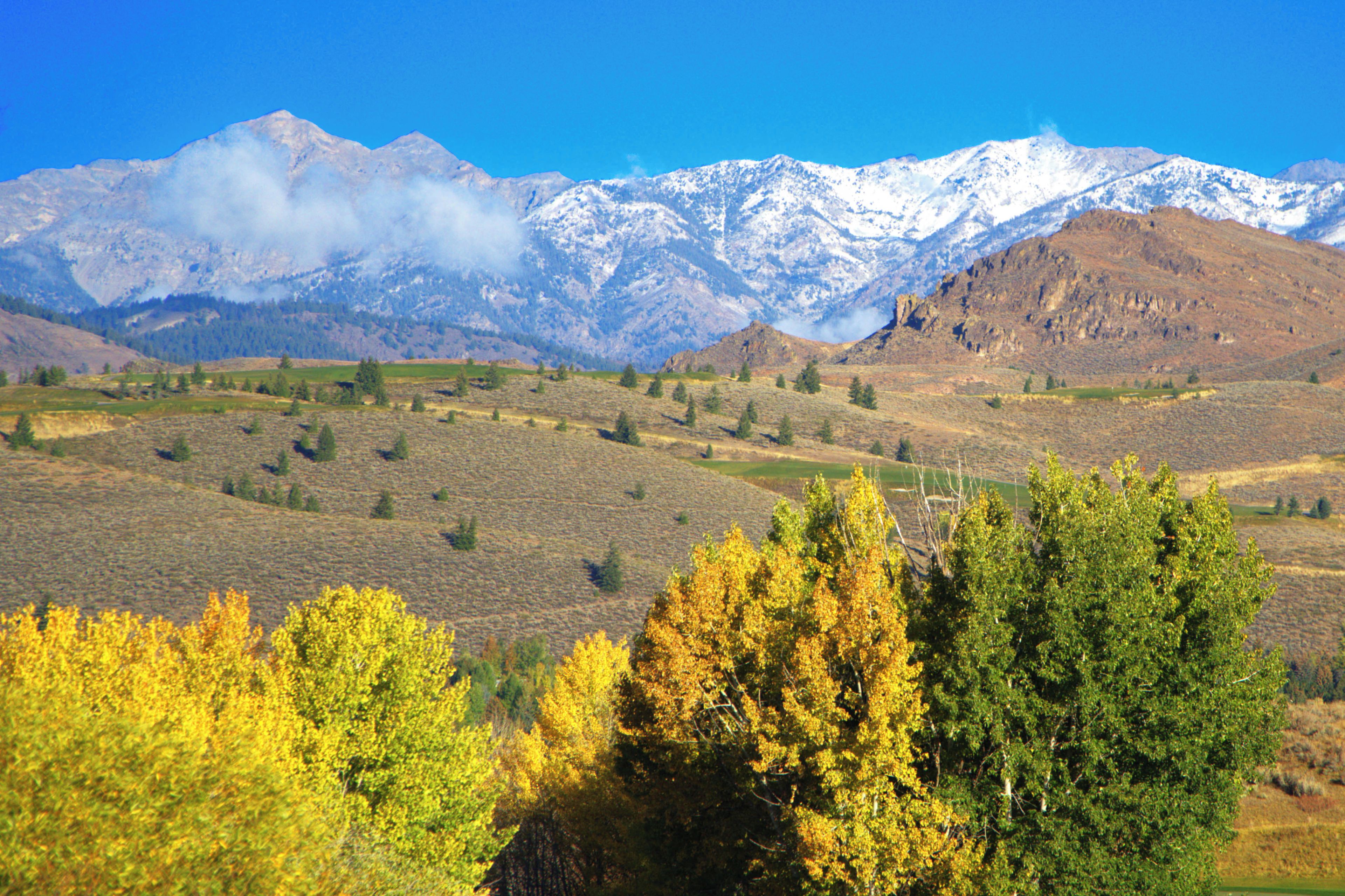 A mountainous landscape with snow-capped peaks, a valley with scattered trees, and a clear blue sky.