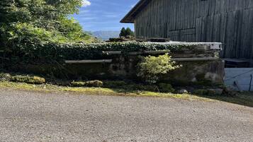 A gravel driveway leading to a rustic wooden building with a stone wall and greenery.