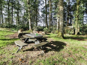 An outdoor picnic area with a table and benches surrounded by trees. - Stargazing Retreat (Builth Wells)