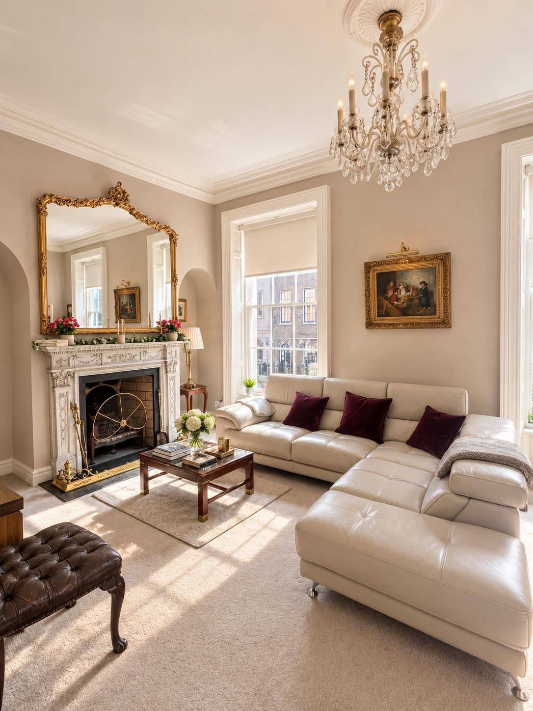 A living room with a fireplace, a sofa, a coffee table, and a large mirror.