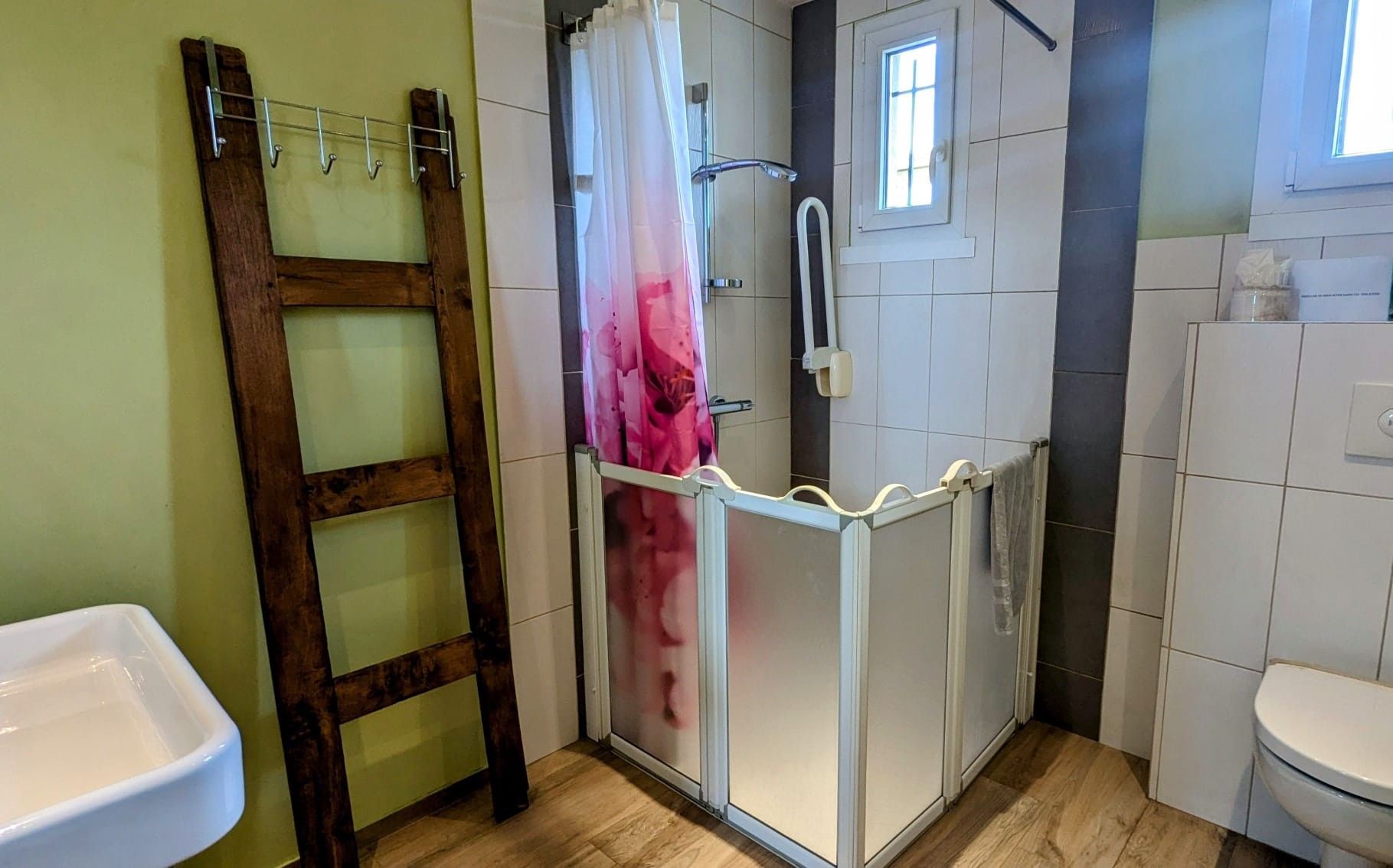Une salle de bain avec une douche, une échelle en bois, des toilettes et un lavabo.