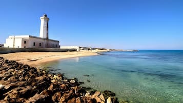 A coastal scene with a lighthouse, clear waters, and a sandy beach.