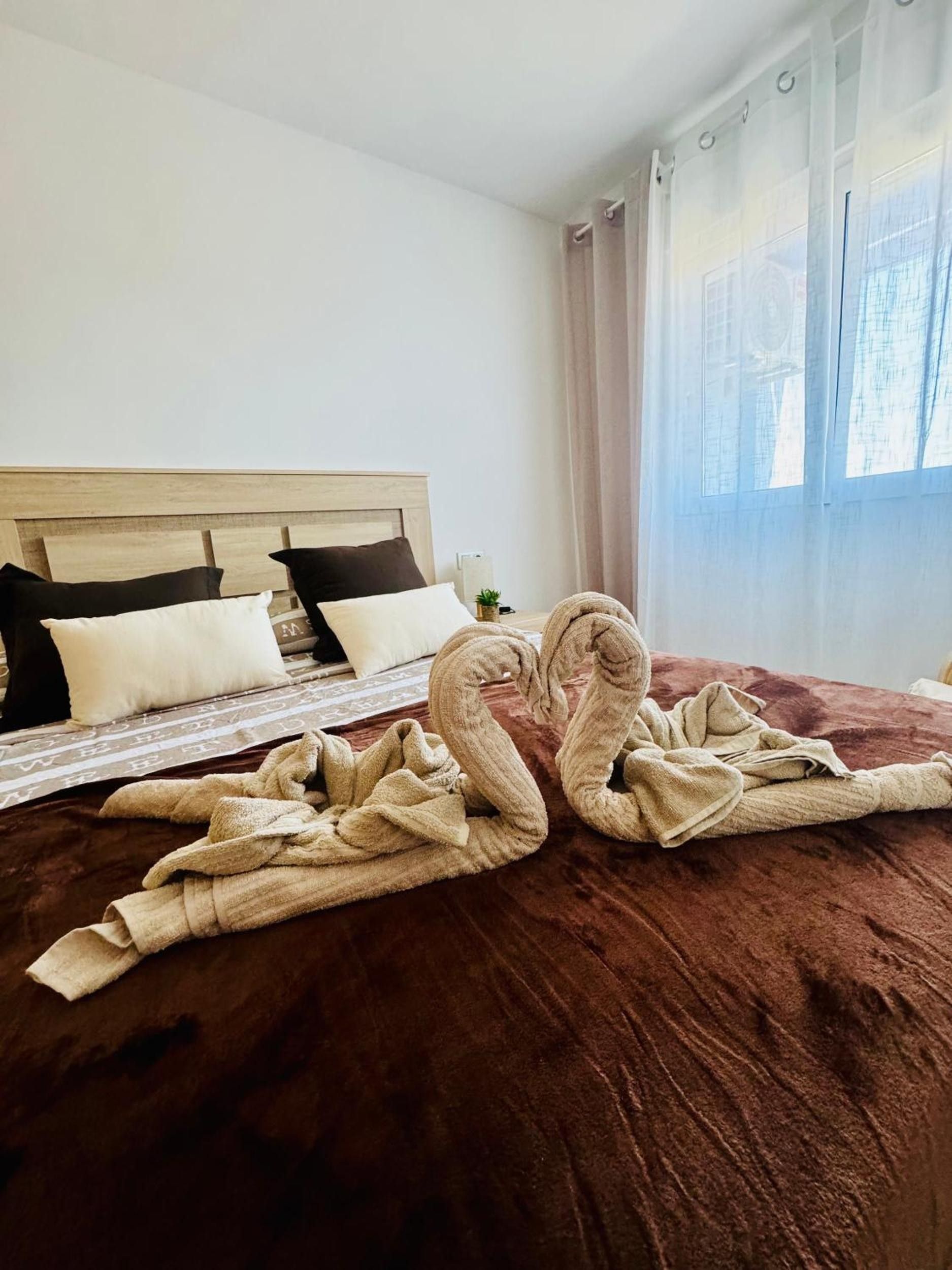 Une chambre d’hôtel avec un lit, des oreillers, une table de chevet et une fenêtre avec des rideaux.