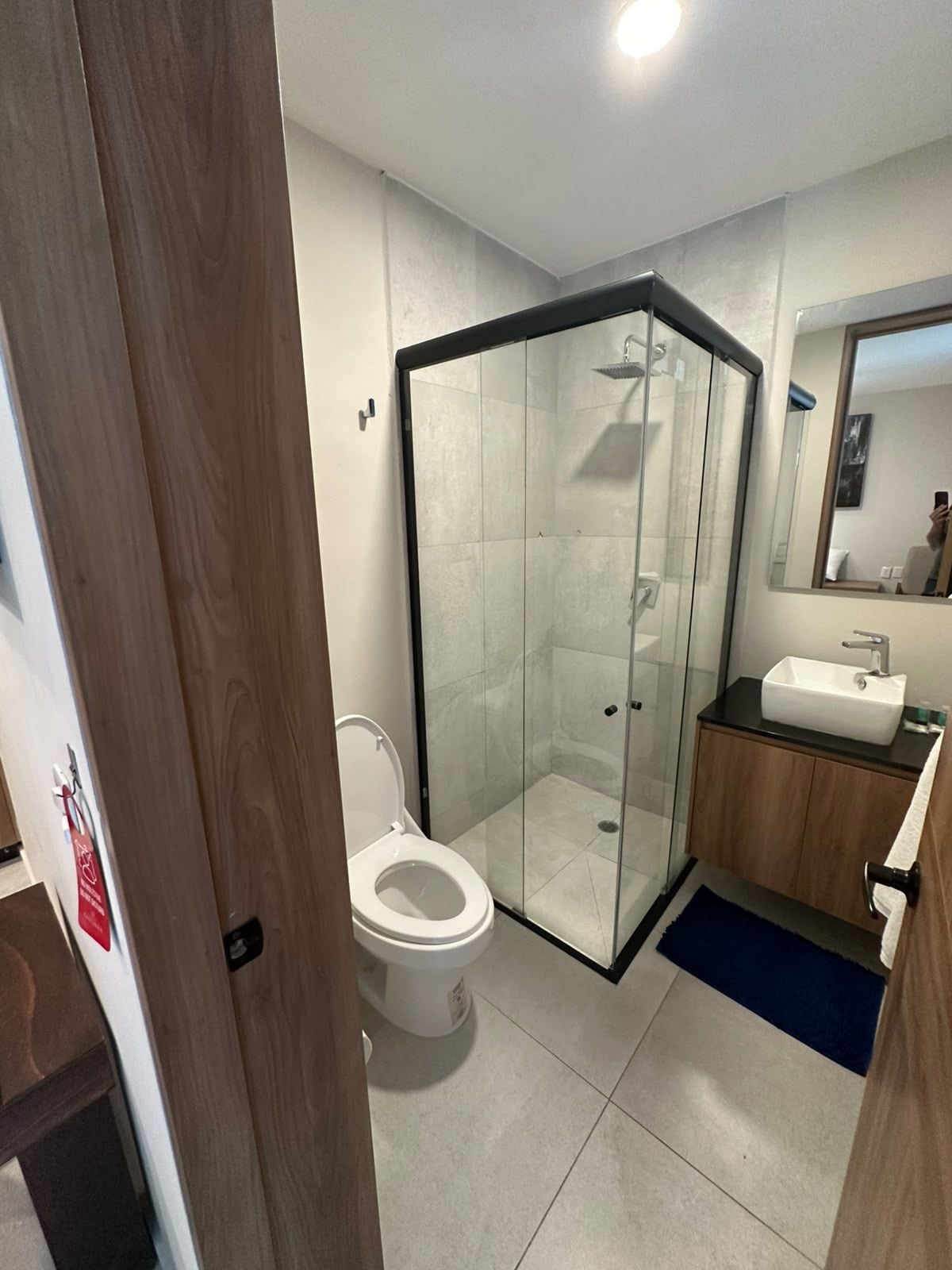 A modern bathroom with a glass-enclosed shower, a white toilet, and a wooden vanity with a sink.