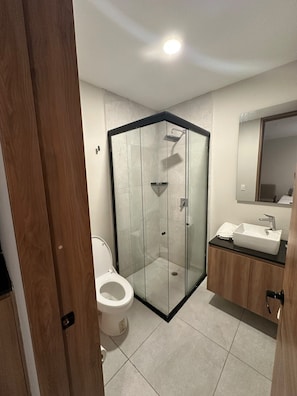 A bathroom with a glass-enclosed shower, a toilet, and a sink with a mirror above it. - Hotel Concordia (Guadalajara)