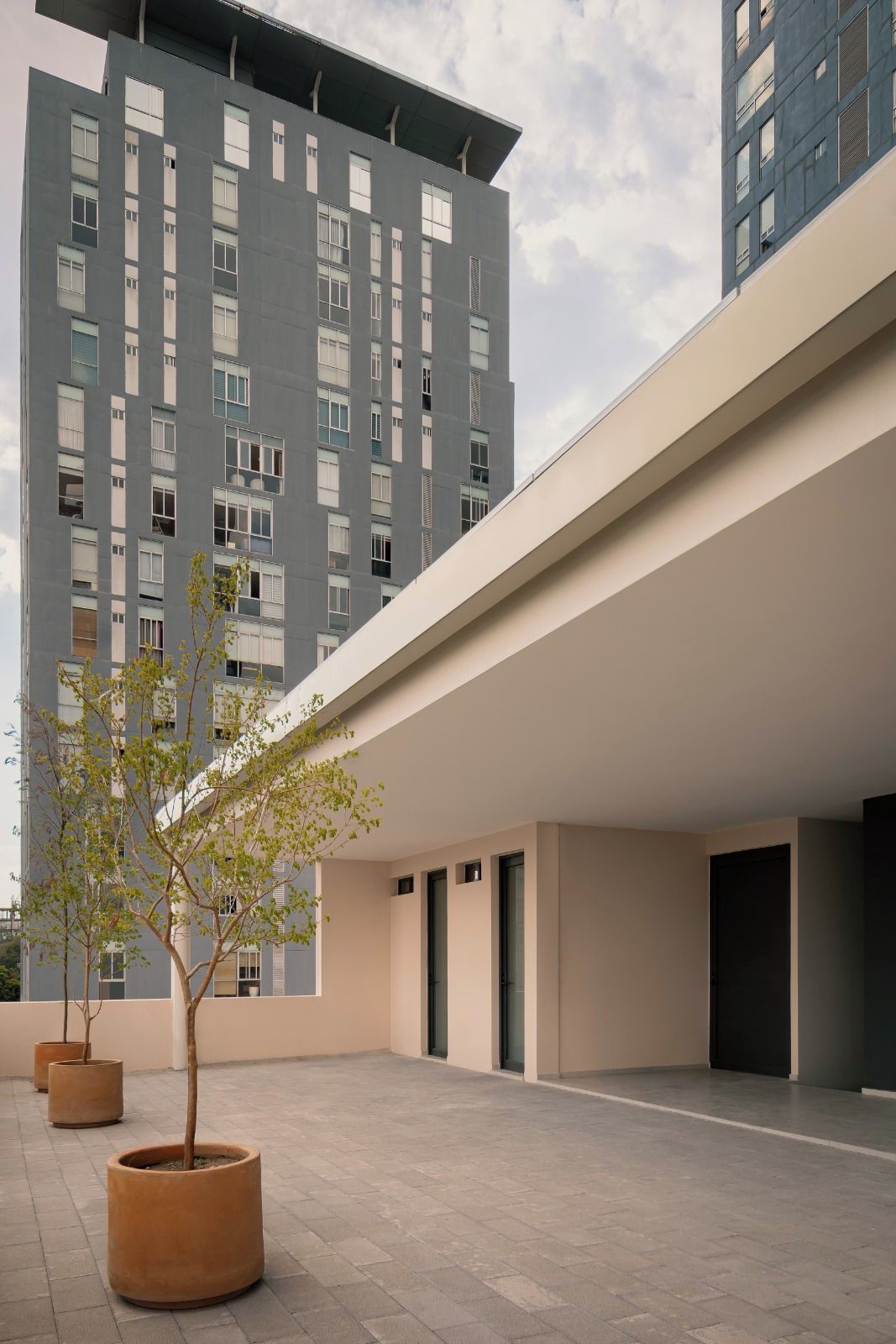 A modern building with a flat roof, large windows, and a paved courtyard with potted plants.