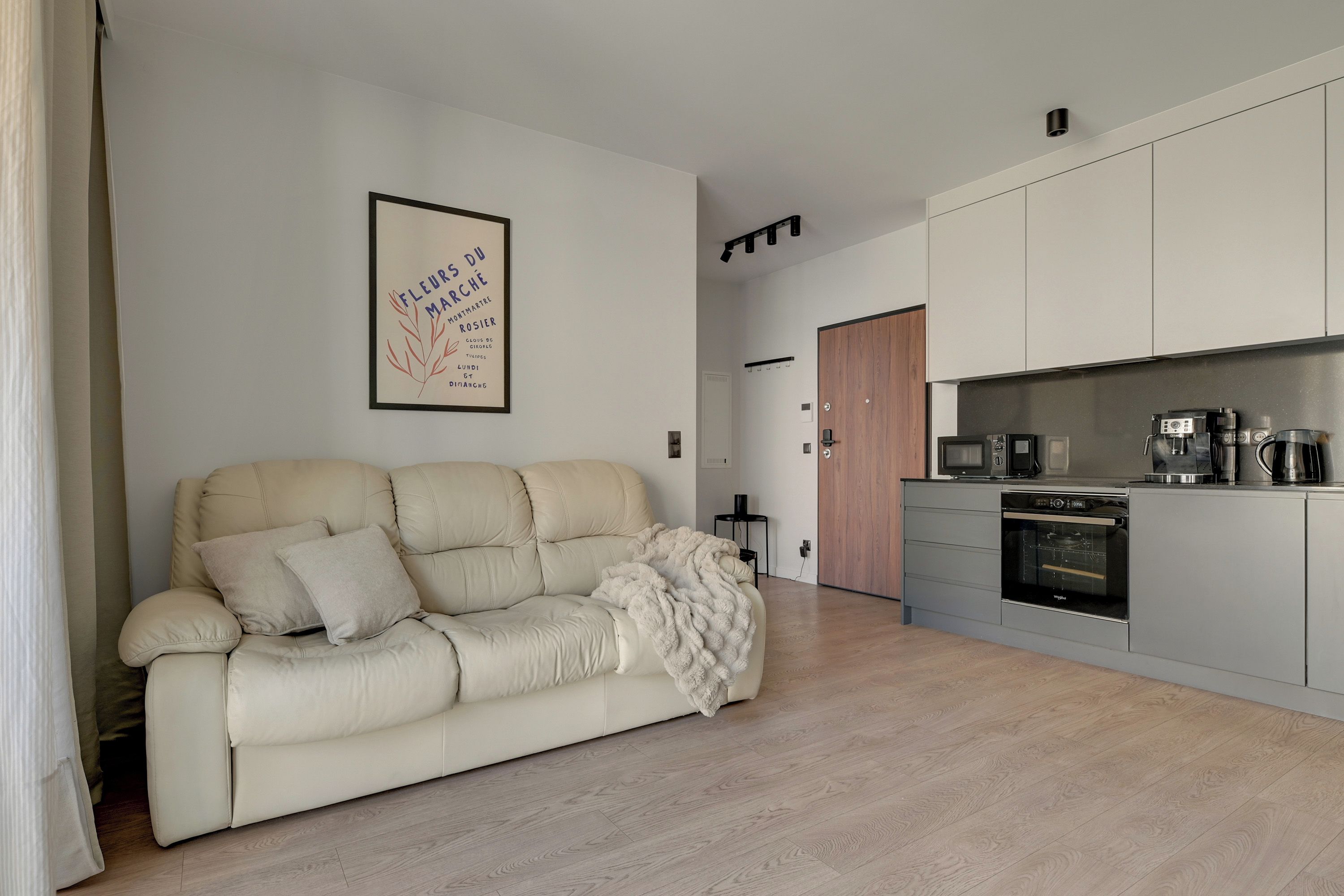 Ein modernes Wohnzimmer mit einem beigen Sofa, einem gerahmten Kunstwerk an der Wand und einer Küchenzeile mit Geräten.