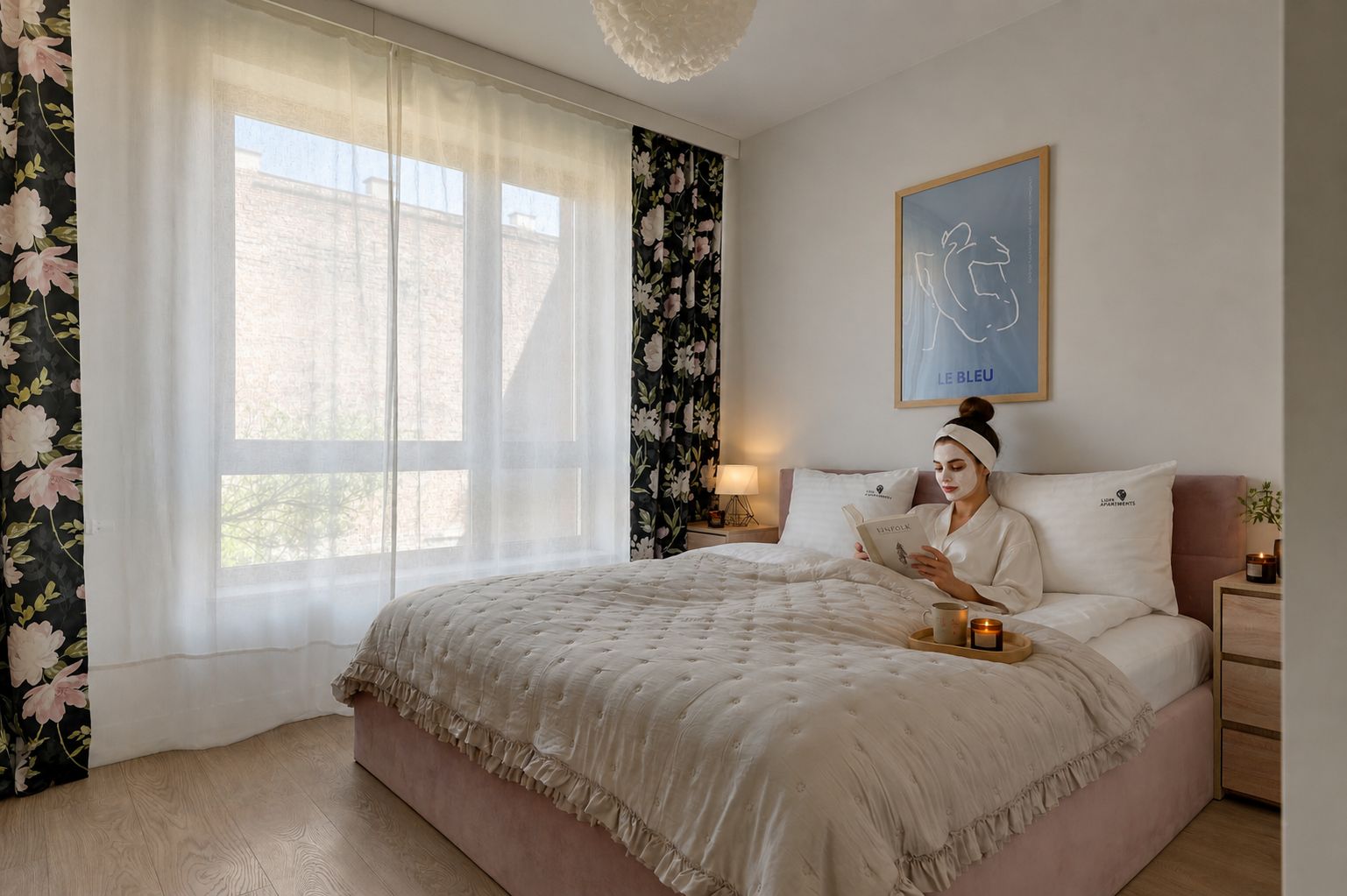 A bedroom with a large bed, a bedside table with a lamp, a framed artwork on the wall, and a window with curtains.