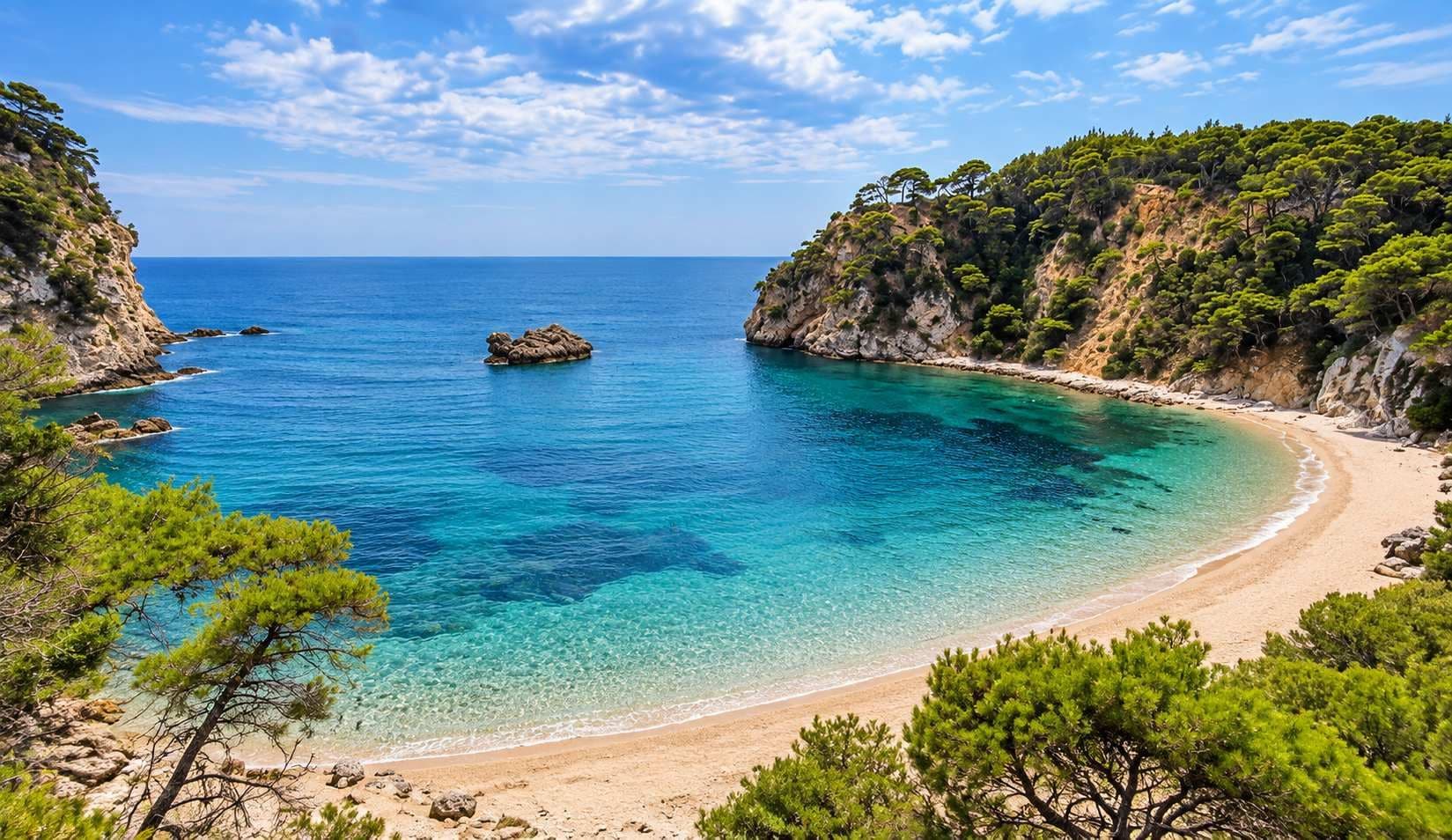 A coastal landscape with clear turquoise waters, a sandy beach, and rocky cliffs.
