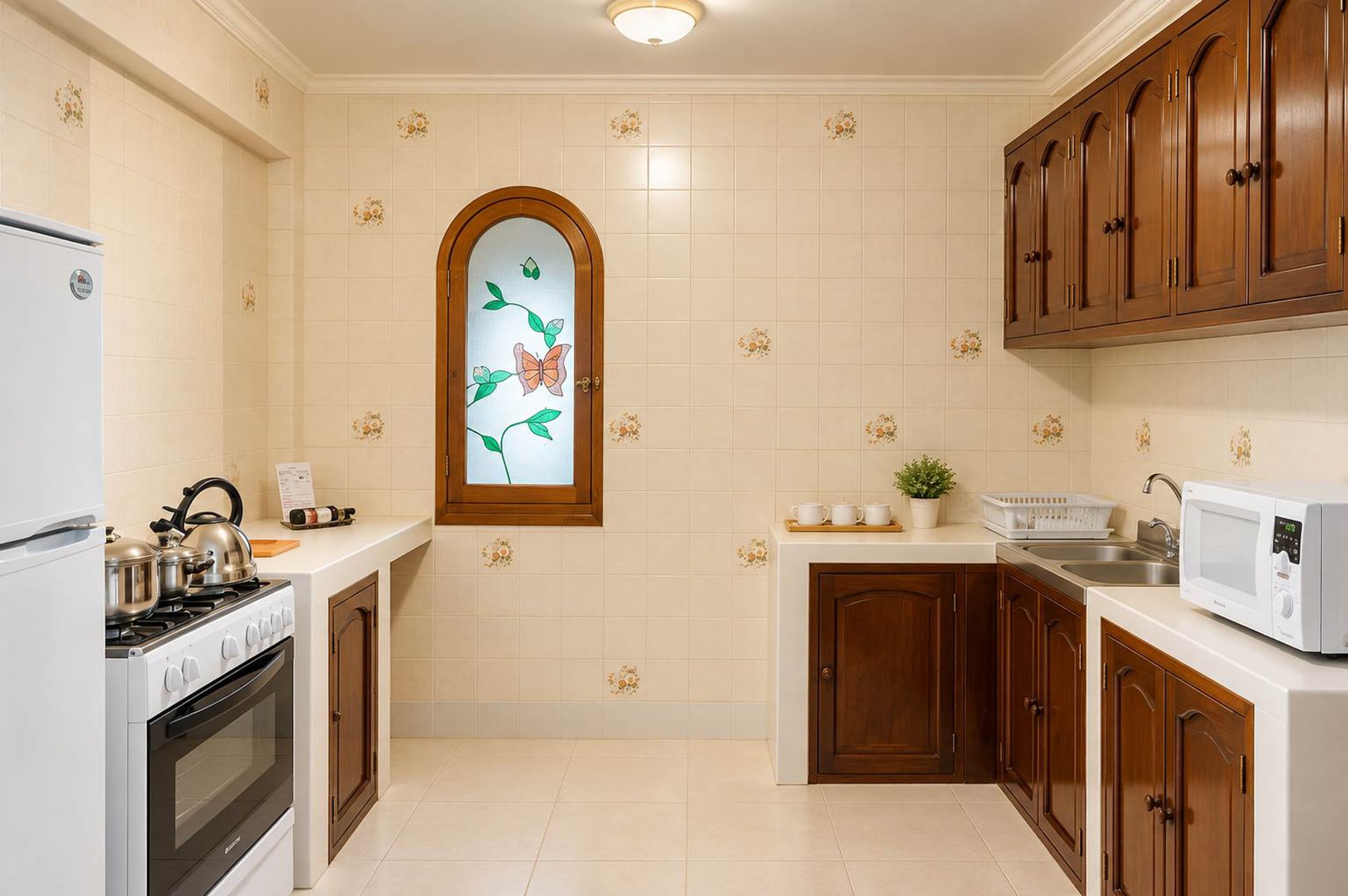 A kitchen with white tiles, wooden cabinets, a stove, a microwave, and a window with a floral design.