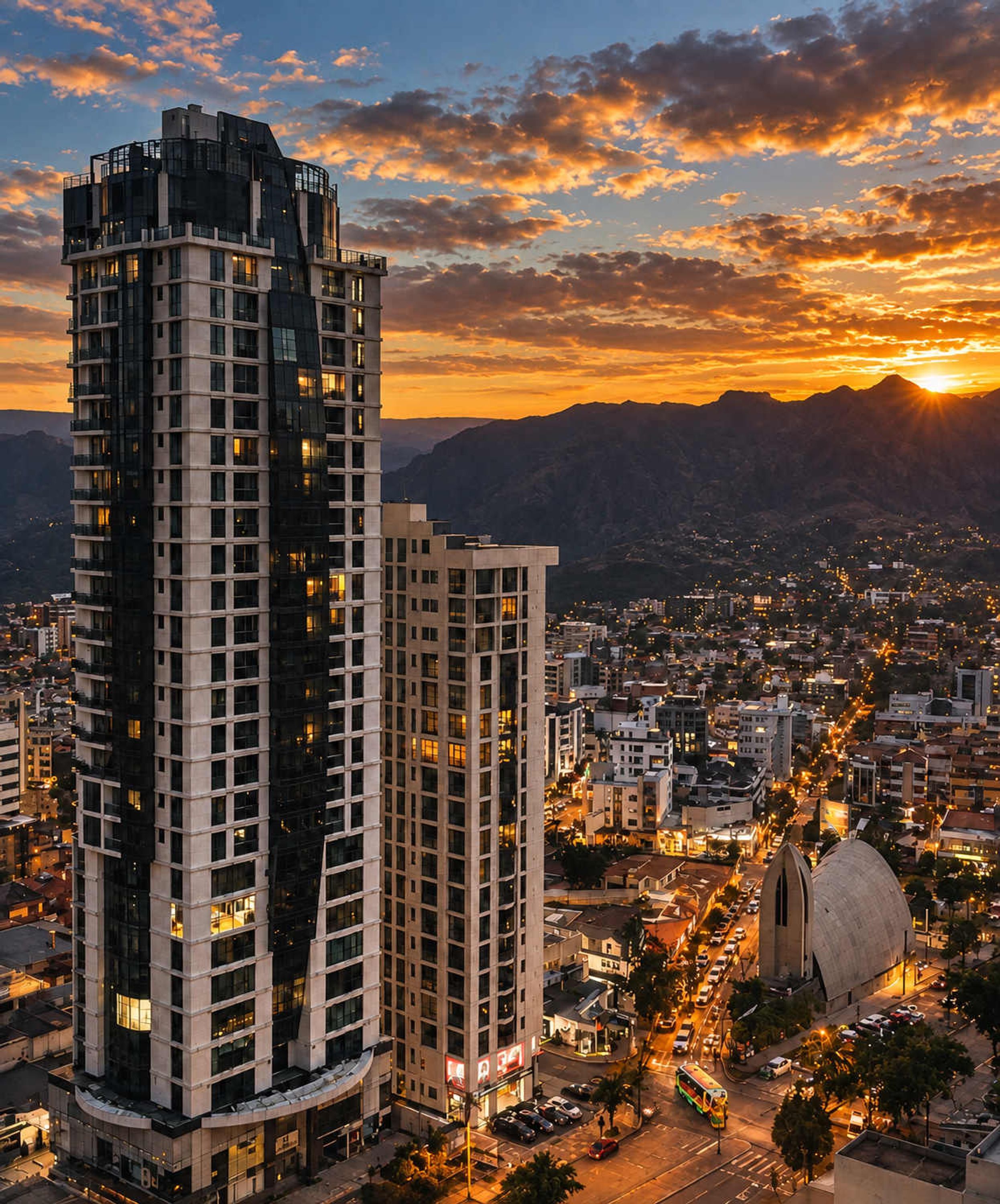 Un edificio alto con varios pisos, rodeado por un paisaje urbano al atardecer.