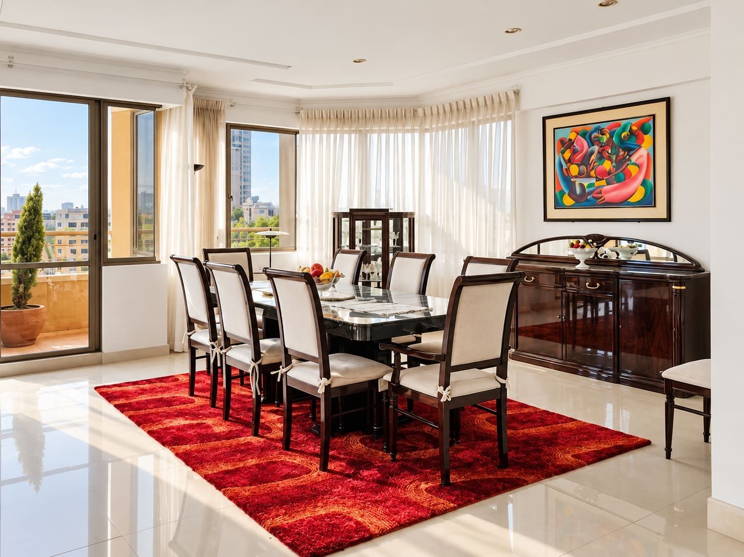 A dining area with a round table, six chairs, a red rug, a city view through large windows, and a colorful abstract painting on the wall.